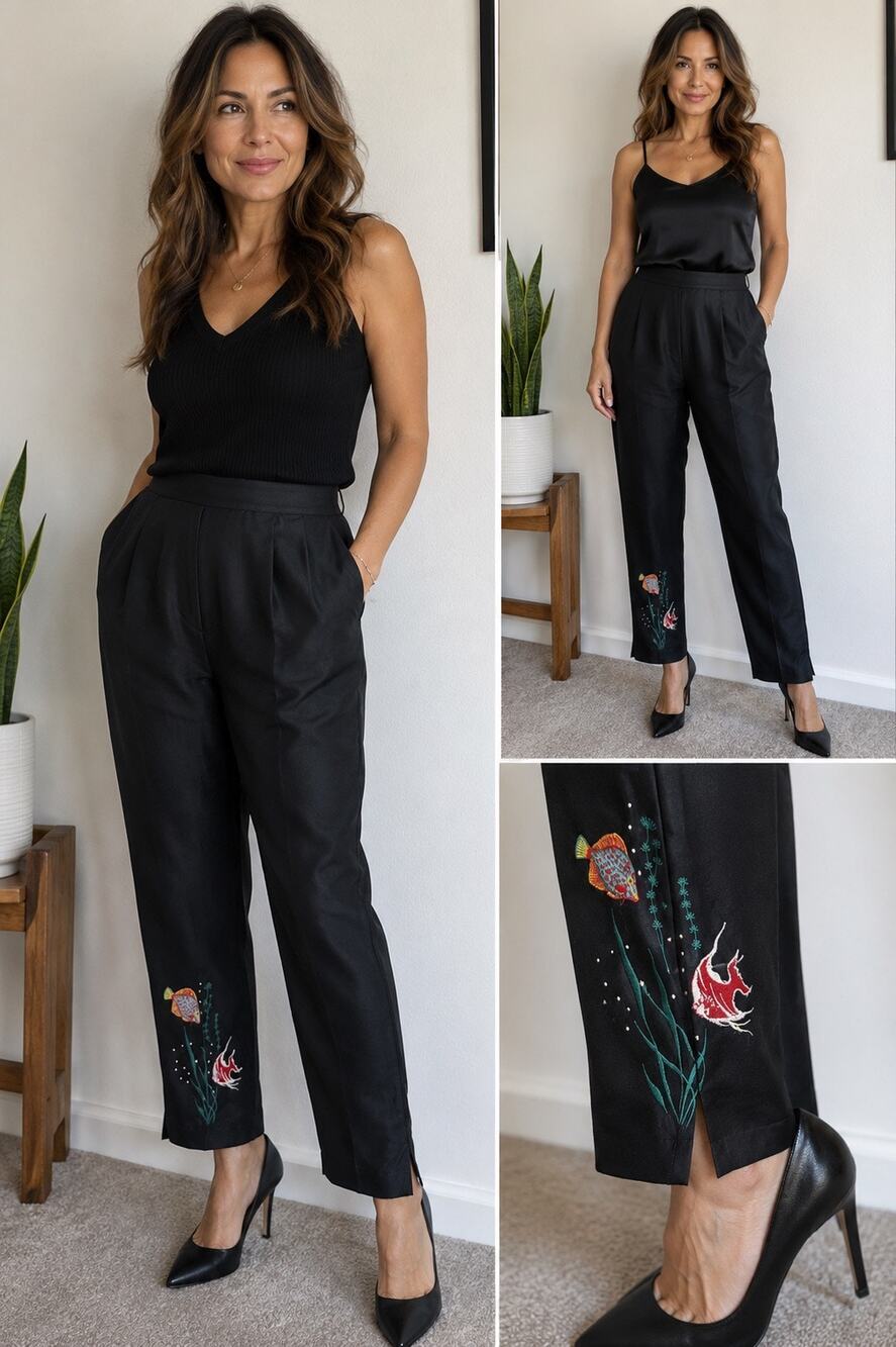 Silkland 100% Silk Embroidered Fish Ankle Pants Black Tapered Size 6 Vintage